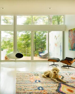 A photo of a mid-century modern living room with a dog sitting on a colorful carpet, a multicolored built-in storage and TV area, and fireplace seating.