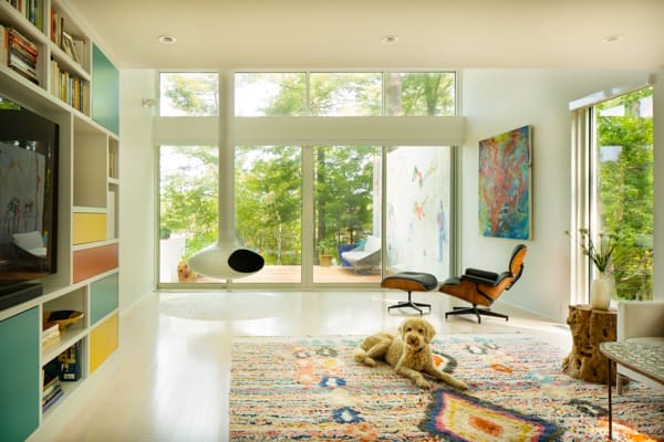 A photo of a mid-century modern living room with a dog sitting on a colorful carpet, a multicolored built-in storage and TV area, and fireplace seating.