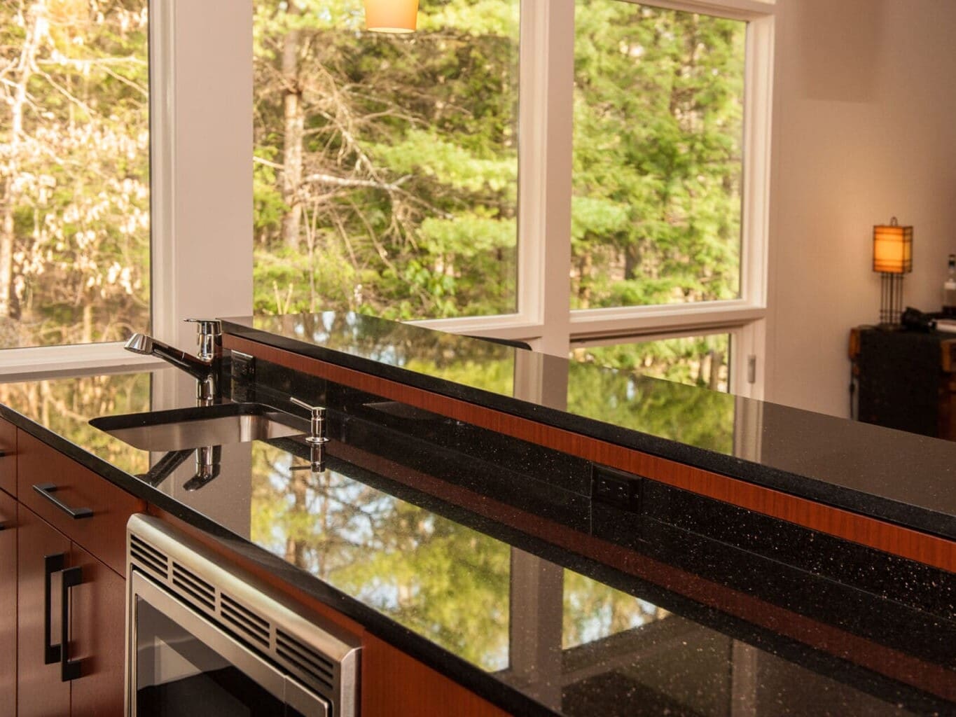 A photo of a mid-century modern kitchen island with black stone countertops, stainless steel appliances, black hardware, and floor-to-ceiling windows.