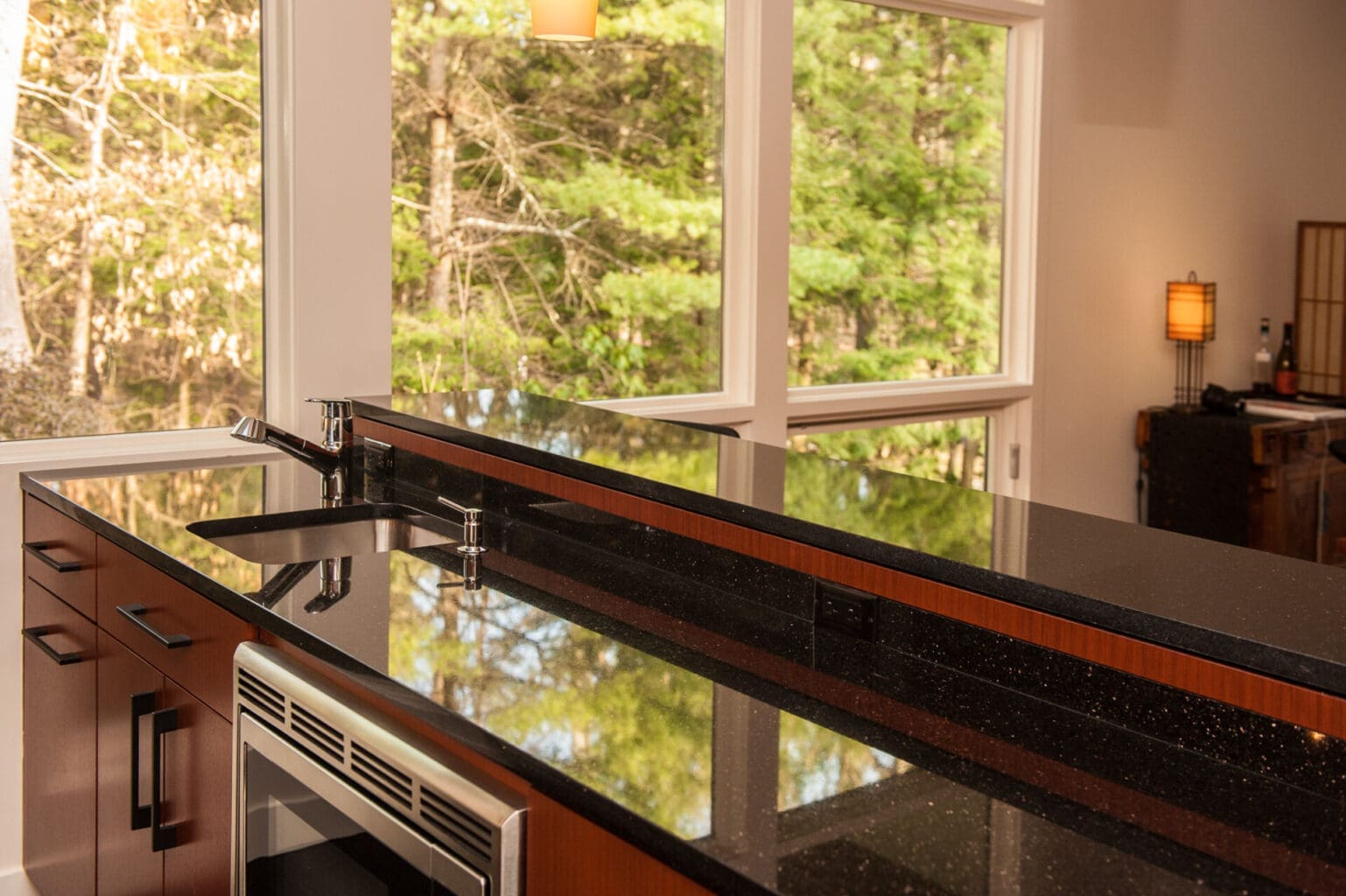 A photo of a mid-century modern kitchen island with black stone countertops, stainless steel appliances, black hardware, and floor-to-ceiling windows.