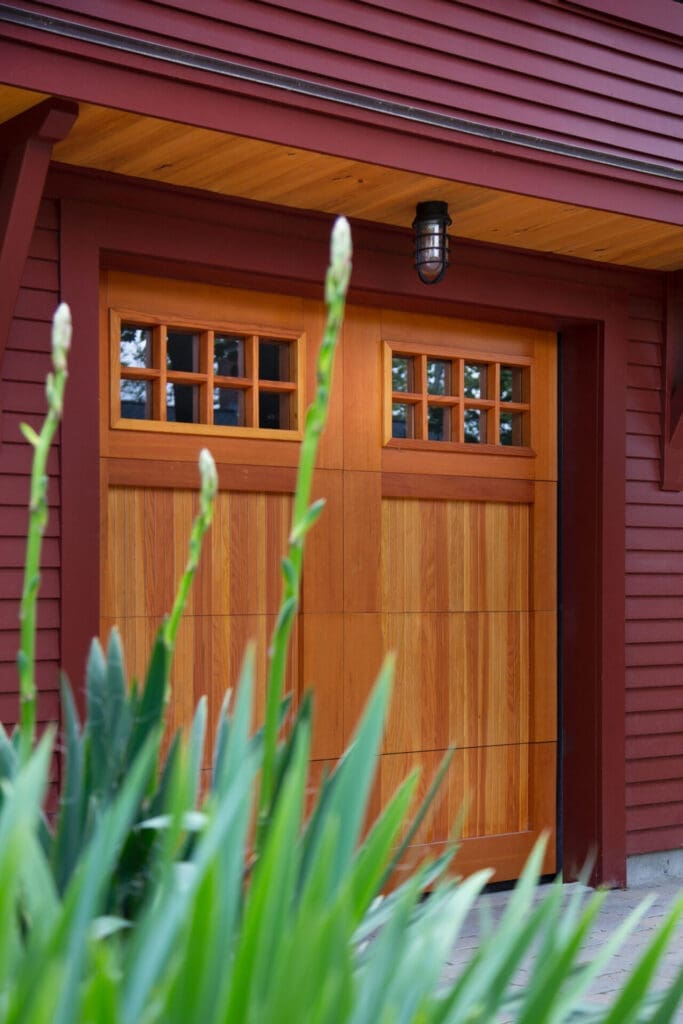 A photo of a clear vertical grain fir garage door.