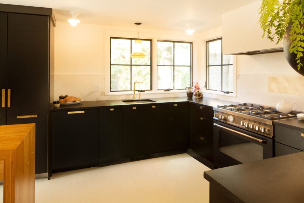 A photo of a kitchen with black cabinetry, countertops, and appliances, brass hardware, marble backsplash, colonial windows, and a built-in fridge with cabinet paneling.
