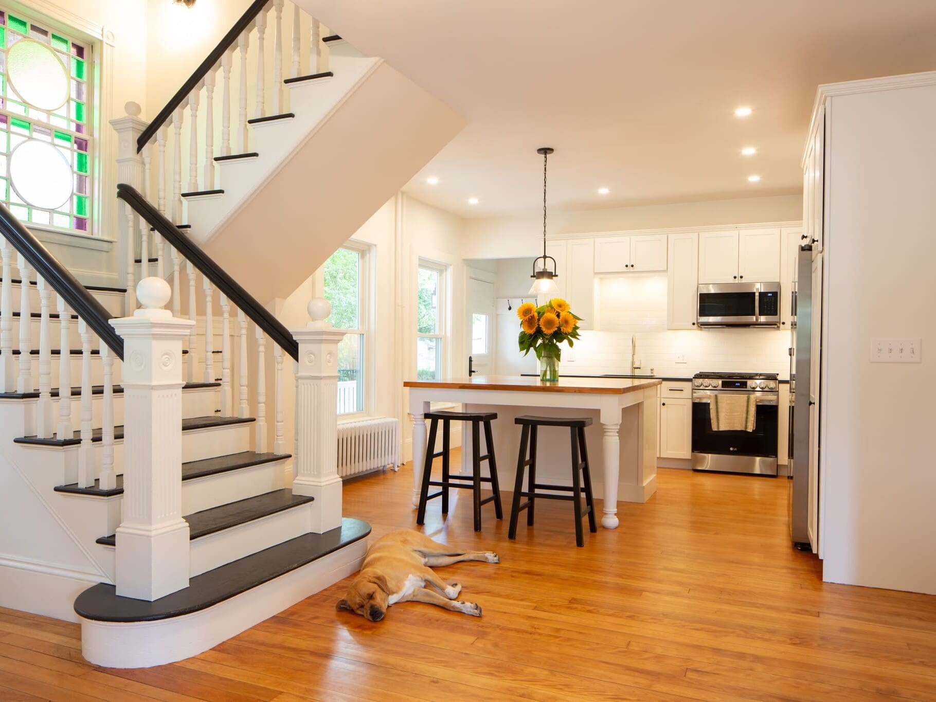 A kitchen with a dog laying on the floor