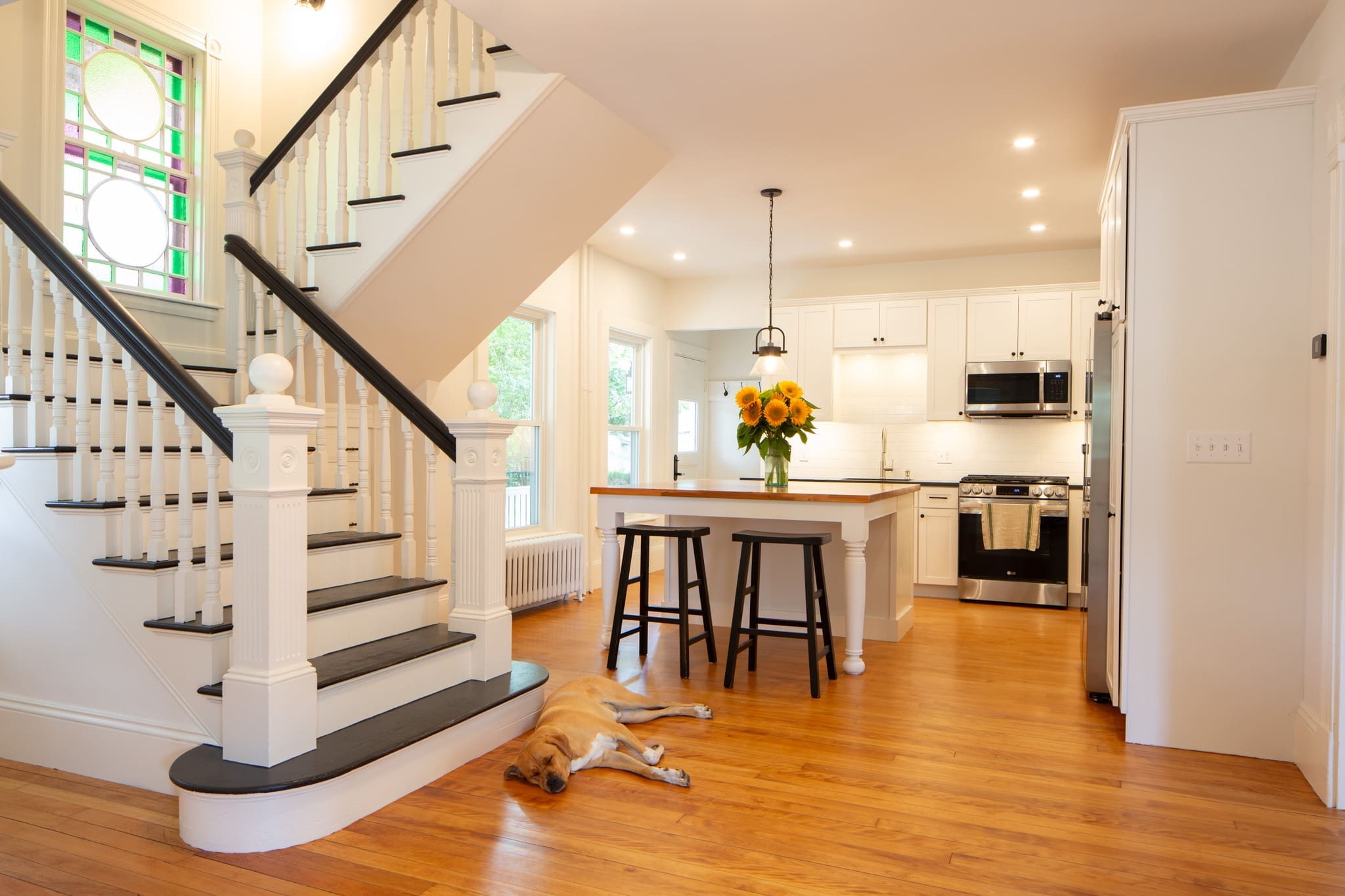 A kitchen with a dog laying on the floor