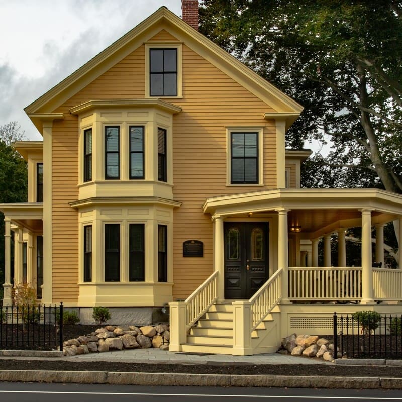 A yellow house with a black door and porch.