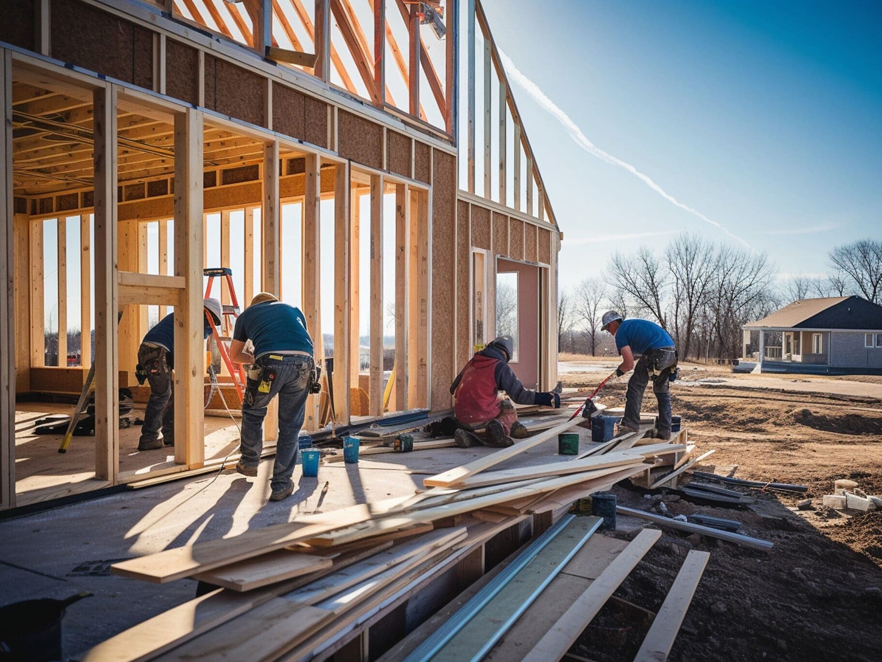 A group of men working on the outside of a house.